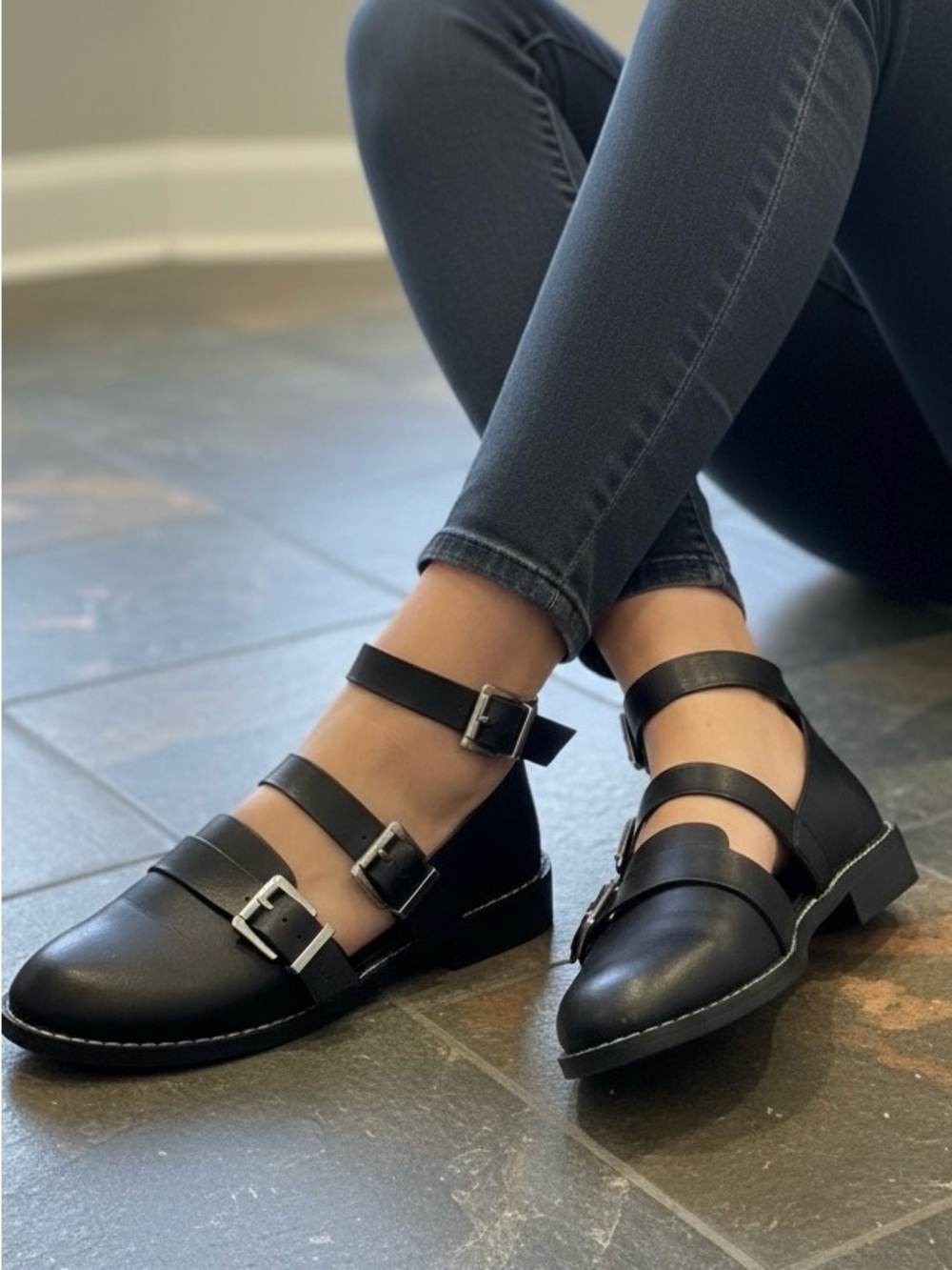 ASOS Black Triple-Strap Buckle Loafers